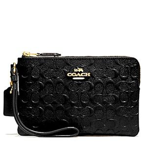 COACH Signature Logo Embossed Black Patent Leather  Zip WRISTLET